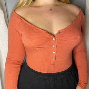 Orange off the shoulder Henley bodysuit